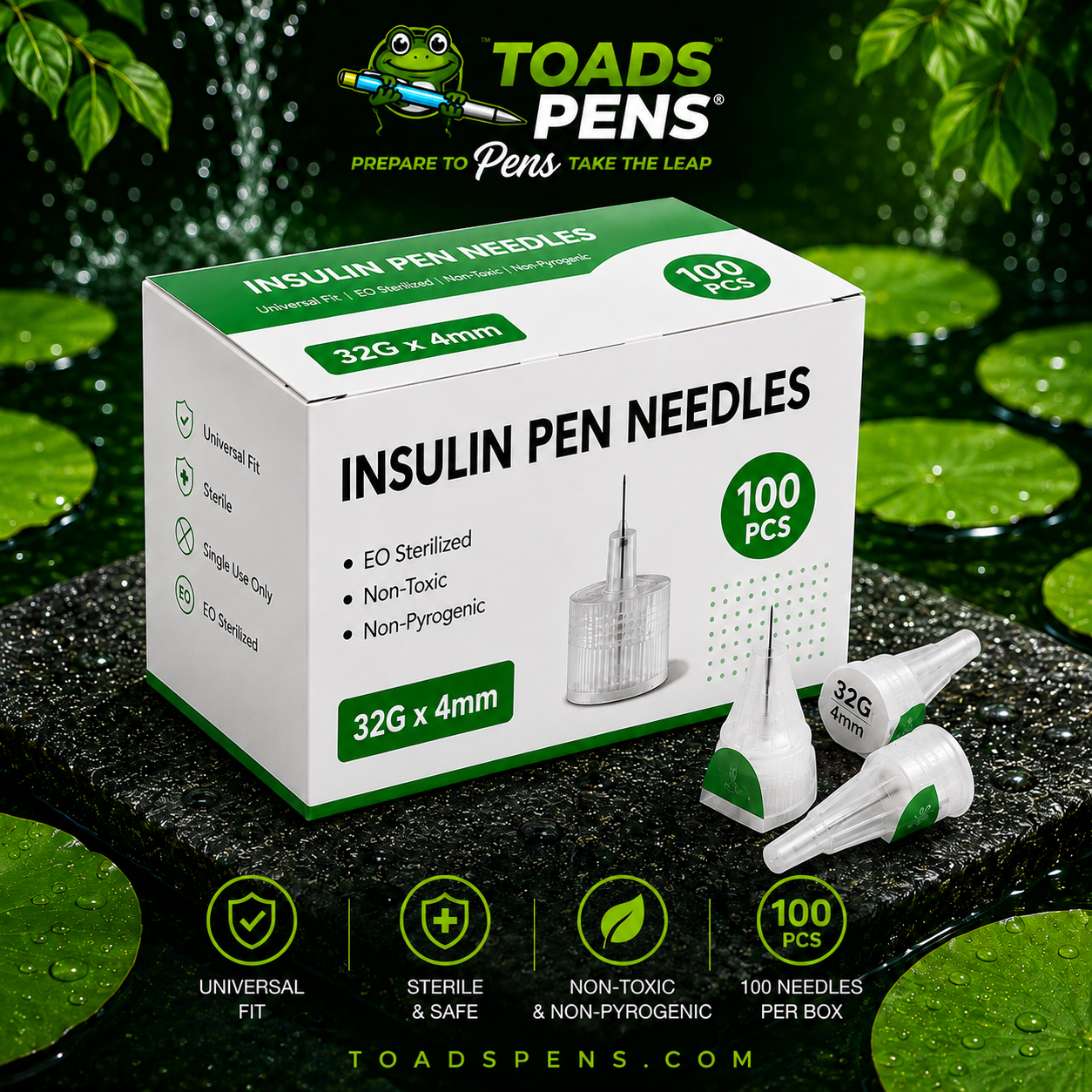 32G x 4mm Universal Insulin Pen Needles 100-count box with universal fit, sterile, EO sterilized, and individually sealed by Toads Pens