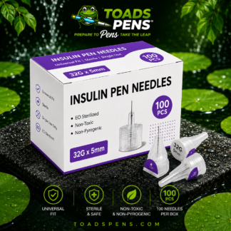 32G x 5mm universal insulin pen needles in a 100-count box, sterile, EO sterilized, and individually sealed