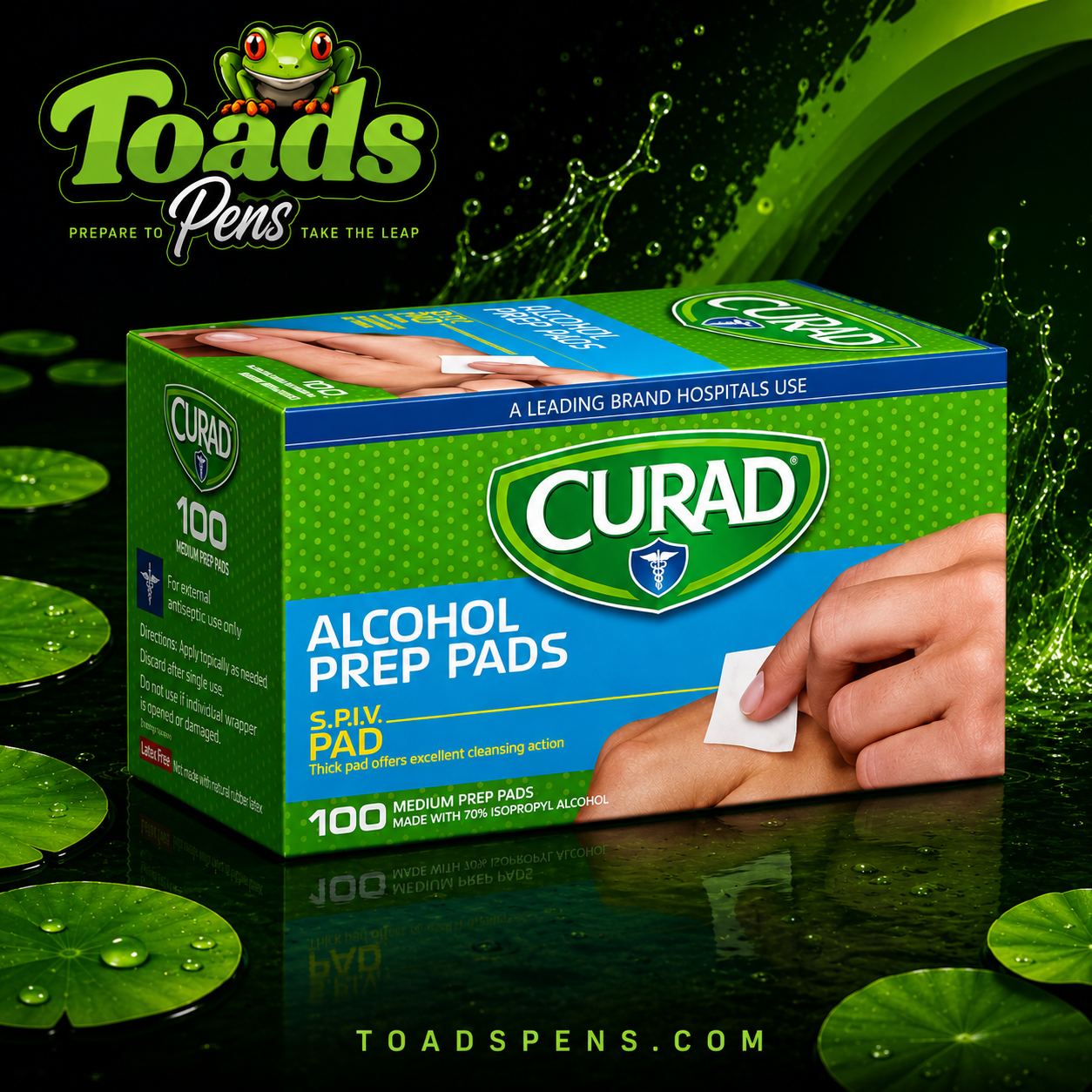 Curad Alcohol Prep Pads available in 100-count and 200-count boxes with individually wrapped sterile 70% isopropyl alcohol pads