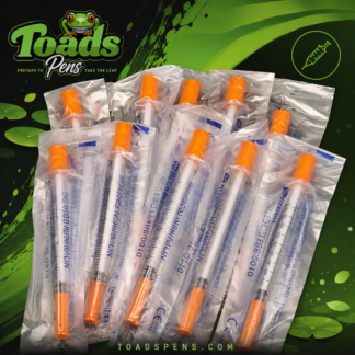 Sterile single-use insulin syringes with clear measurement markings from Toads Pens