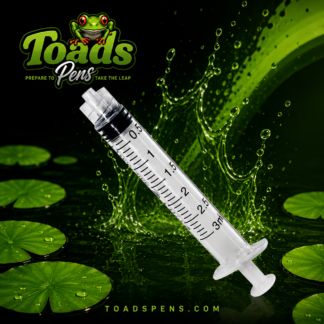 Sterile 3mL luer lock syringe with clear measurement markings from Toads Pens