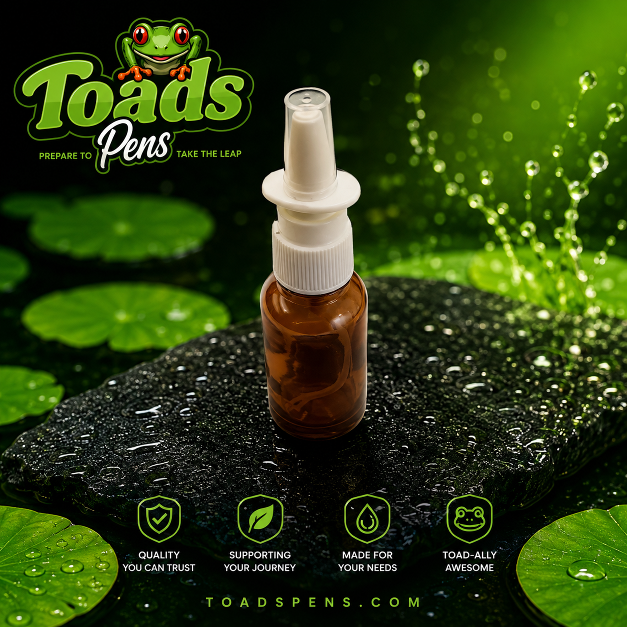 Reusable empty nasal sprayer with amber bottle and fine mist nasal applicator from Toads Pens